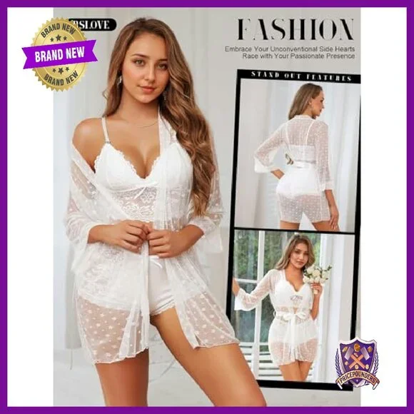 Sexy 3-Piece Lace Lingerie Set with Mesh Kimono Robe Sleepwear